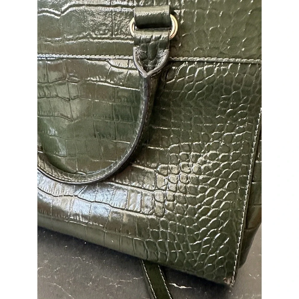 Kate‎ Spade NY Crocodile Embossed Leather Shoulder Satchel Handbag Dark Green